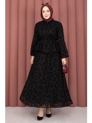 SVS Flok Baskılı Yaka Fırfır Detaylı Içi Astarlı Etek Takım Siyah