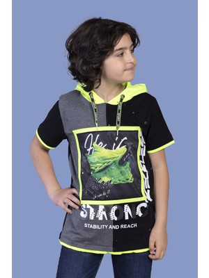 Toontoy Erkek Çocuk Baskılı Kapüşonlu Kısa Kollu Tişört