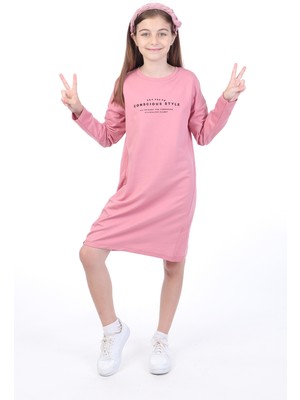Toontoy Kız Çocuk Baskılı Relax Fit Bisiklet Yaka Uzun Kollu Elbise -