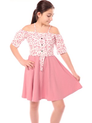 Toontoy Kız Çocuk Regular Fit Carmen Yaka Kısa Kollu Askılı Elbise - Renk Bloklu