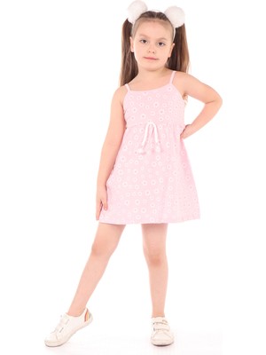 Toontoy Kız Çocuk Baskılı Regular Fit Kare Yaka Kolsuz Askılı Elbise -
