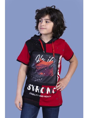 Toontoy Erkek Çocuk Baskılı Kapüşonlu Kısa Kollu Tişört