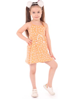 Toontoy Kız Çocuk Baskılı Regular Fit Kare Yaka Kolsuz Askılı Elbise -