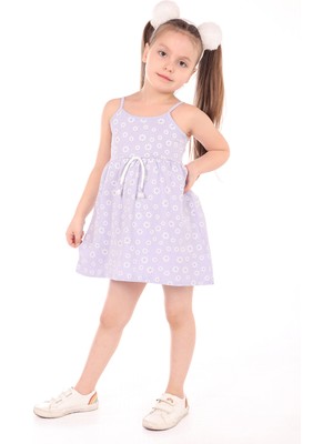 Toontoy Kız Çocuk Baskılı Regular Fit Kare Yaka Kolsuz Askılı Elbise -