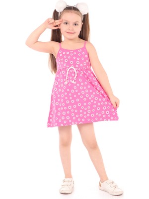 Toontoy Kız Çocuk Baskılı Regular Fit Kare Yaka Kolsuz Askılı Elbise -