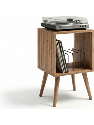 DEQQU Arte 44X44X80CM Ahşap Retro Pikap Sehpası, Metal Raflı Plak Organizer, Plak Düzenleyici, Plak Dolabı