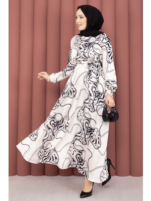 Md Zincir Desen Kuşaklı Tesettür Elbise Bej-Siyah