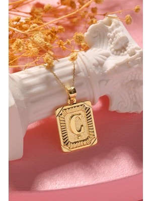 Moom Mücevherat Kadın 14 Ayar Altın Kare Harf Kolye Ç Harfi Altın Kolye Zincirli Harf Kolye