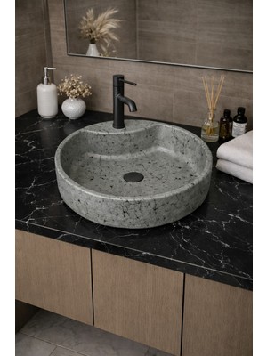 Taş Atölyesi Mermer Desenli Tezgah Üstü Yuvarlak Çanak Taş Lavabo 45 cm Musluk Delikli