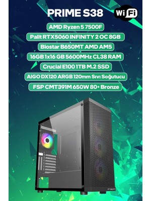 Game Garaj Prime S38 Amd Ryzen 5 7500F 16GB Ram 1tb SSD RTX5060 120MM Sıvı Soğt Freedos Oyuncu Oem Paket