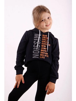 Toontoy Kız Çocuk Relax Fit Kapüşonlu Baskılı Crop Sweatshirt - 2 Iplik