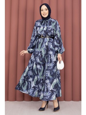 Md Fular Yakalı Desenli Tesettür Elbise Lacivert