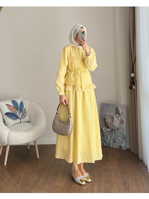 Miraydin Butik Dantel Detaylı Gömlekli Etekli Takım M25191 - Sarı