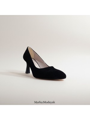 Modayak Zarif Siyah Süet Ince Topuk Sivri Burun  Topuklu Ayakkabı