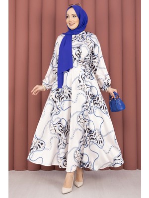 Md Zincir Desen Kuşaklı Tesettür Elbise Bej-Indigo
