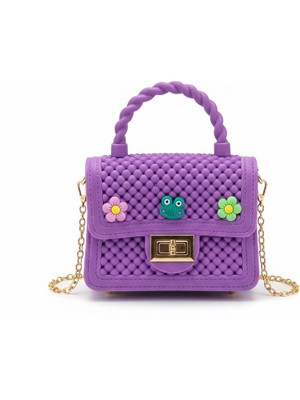 Keroppi Kurbağa Çiçek Desen Mor Silikon Çapraz El Omuz Çantası Kadın Genç Kız Çocuk Bebek Hediyelik