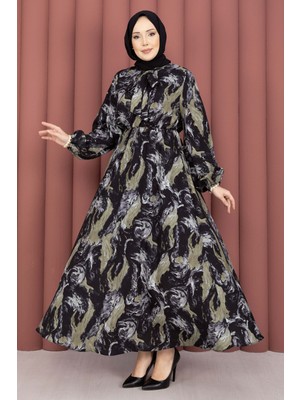 Md Fular Yakalı Desenli Tesettür Elbise Siyah