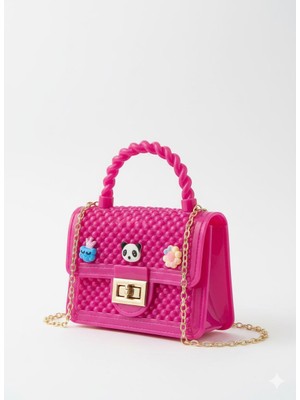 Panda Çiçek Desenli Fuşya Pembe Silikon Çapraz El Omuz Çantası Kadın Genç Kız Çocuk Bebek Hediyelik