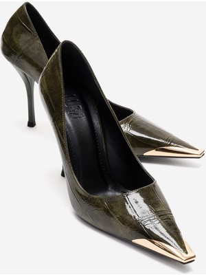 Luvi Alvena Yeşil Baskı Önü Metal Detaylı Kadın Topuklu Ayakkabı