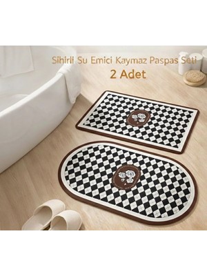 Aşkana Sihirli Paspas 2’li Set 57,5X38 Cm, Su Emici, Kaymaz Tabanlı, Banyo,duş,mutfak,lavabo,balkon Kapısı Paspası – Kahverengi-Geometrik ÇiçekDesenli