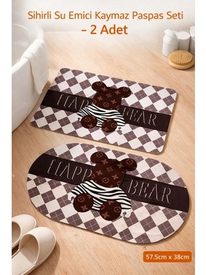 Aşkana Sihirli Paspas 2’li Set 57,5X38 Cm, Su Emici, Kaymaz Tabanlı, Banyo,duş,mutfak,lavabo,balkon Kapısı Paspası – Kahverengi Teddybear Desenli