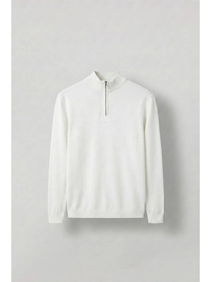 Erkek Yarım Fermuarlı Polo Yaka Kazak Ekru