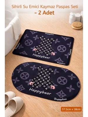 Aşkana Sihirli Paspas 2’li Set 57,5X38 Cm, Su Emici, Kaymaz Tabanlı, Banyo,duş,mutfak,lavabo,balkon Kapısı Paspası – Siyah Teddybear Desenli