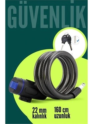 Epilons Mey Ithalat® 22MM Çelik Halatlı Bisiklet Kilidi - 160CM Anahtarlı Scoooter Motosiklet Kilidi