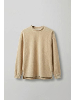 Erkek Oversize Yuvarlak Yaka Fitilli Kadife Sweatshirt Bej