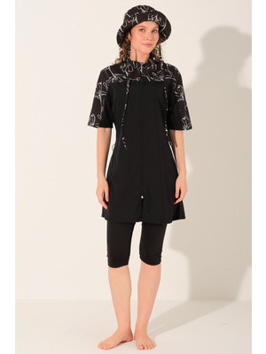 Alfasa Şapkalı Önden Fermuarlı Yarım Kol Yarı Kapalı Mayo - ALF26714