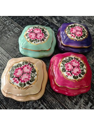 Manushum El Boyama Porselen Limoges Kare Kapaklı Kutu-Koyu Pembe