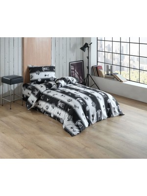 Çeyiz Merkezi Beşiktaş Siyah Beyaz Taraftar Baskılı Nevresim Takımı Pamuklu - Tek Kişilik