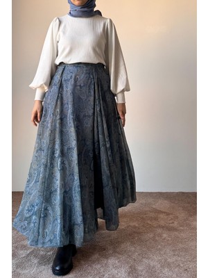 Ande Tesettür Etnik Desen Etek - Soft Mavi