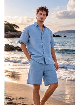Pobudo Müslin Kumaş Mavi Yazlık Takım - Gömlek ve Şort Takım