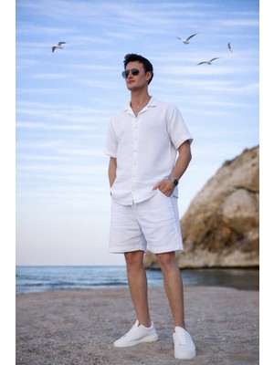 Pobudo Gömlek Yaka Beyaz Renk Yıkamalı Keten Takım