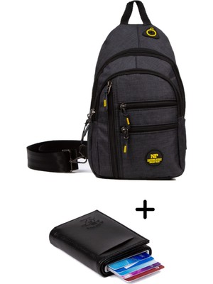 Newish Polo Keten Kumaş USB Kulaklık Çıkışlı Göğüs Omuz  Çantası ve Mekanizmalı Cüzdan Kartlık - Siyah - NEWPOLO122