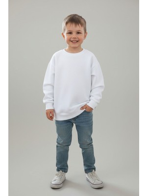 Evavi Çocuk Baskısız Düz Bisiklet Yaka Beyaz Sweatshirt