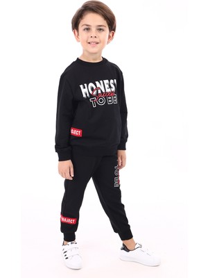 Toontoy Erkek Çocuk 2'li Takım Arma Detaylı Baskılı Bisiklet Yaka Sweatshirt & Beli Paçası Lastikli Cepli Jogger Eşofman Altı - 2 Iplik