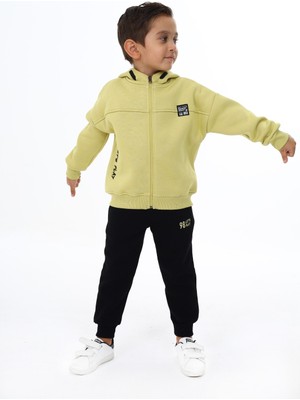 Toontoy Erkek Çocuk 2'li Takım Baskılı Kapüşonlu Fermuarlı Sweatshirt & Beli Paçası Lastikli Jogger Eşofman Altı - 3 Iplik Şardonlu