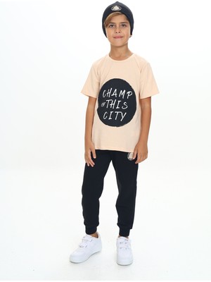Toontoy Erkek Çocuk 2'li Takım Baskılı Bisiklet Yaka Kısa Kollu T-Shirt & Beli Paçası Lastikli Cepli Jogger Eşofman Altı - Renk Bloklu & 2 Iplik