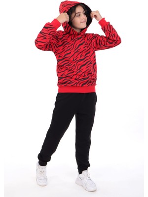 Toontoy Erkek Çocuk 2'li Takım Baskılı Kapüşonlu Reglan Kol Sweatshirt & Beli Paçası Lastikli Cepli Jogger Eşofman Altı - 2 Iplik