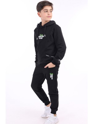Toontoy Erkek Çocuk 2'li Takım Baskılı Kapüşonlu Cepli Reglan Kol Asimetrik Sweatshirt & Beli Paçası Lastikli Cepli Jogger Eşofman Altı - Şerit Detaylı TK22866