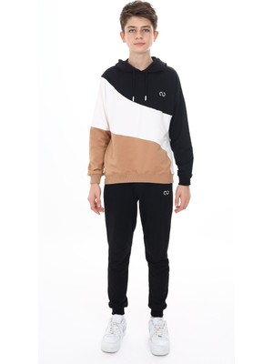 Toontoy Erkek Çocuk 2'li Takım Baskılı Kapüşonlu Sweatshirt & Beli Paçası Lastikli Cepli Jogger Eşofman Altı - Renk Bloklu & 2 Iplik