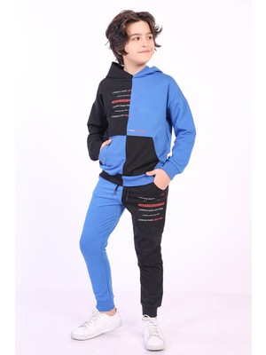 Toontoy Erkek Çocuk 2'li Takım Baskılı Kapüşonlu Cepli Sweatshirt & Beli Paçası Lastikli Cepli Jogger Eşofman Altı - Renk Bloklu & 2 Iplik