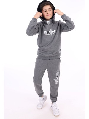 Toontoy Erkek Çocuk 2'li Takım Baskılı Kapüşonlu Fermuarlı Sweatshirt & Beli Paçası Lastikli Cepli Jogger Eşofman Altı - 2 Iplik