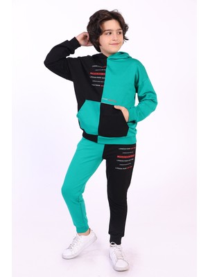 Toontoy Erkek Çocuk 2'li Takım Baskılı Kapüşonlu Cepli Sweatshirt & Beli Paçası Lastikli Cepli Jogger Eşofman Altı - Renk Bloklu & 2 Iplik