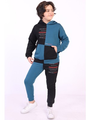 Toontoy Erkek Çocuk 2'li Takım Baskılı Kapüşonlu Cepli Sweatshirt & Beli Paçası Lastikli Cepli Jogger Eşofman Altı - Renk Bloklu & 2 Iplik