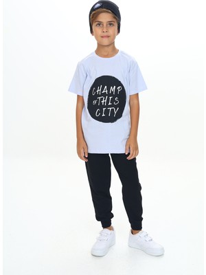Toontoy Erkek Çocuk 2'li Takım Baskılı Bisiklet Yaka Kısa Kollu T-Shirt & Beli Paçası Lastikli Cepli Jogger Eşofman Altı - Renk Bloklu & 2 Iplik