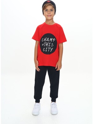 Toontoy Erkek Çocuk 2'li Takım Baskılı Bisiklet Yaka Kısa Kollu T-Shirt & Beli Paçası Lastikli Cepli Jogger Eşofman Altı - Renk Bloklu & 2 Iplik
