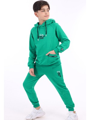 Toontoy Erkek Çocuk 2'li Takım Baskılı Kapüşonlu Cepli Reglan Kol Asimetrik Sweatshirt & Beli Paçası Lastikli Cepli Jogger Eşofman Altı - Şerit Detaylı TK22866